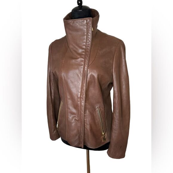 Tahari Lamb Leather Brown Moto Jacket sz M - Picture 8 of 15